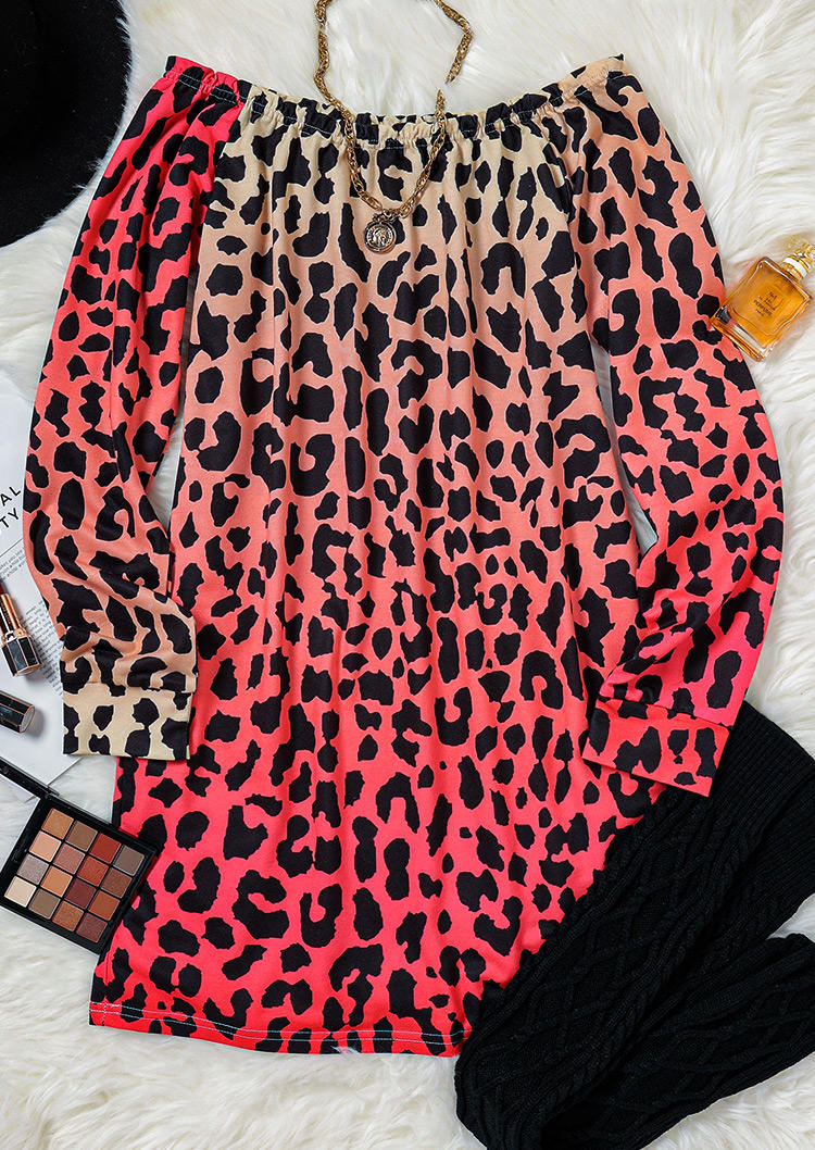 Leopard Gradient Ruffled Off Shoulder Mini Dress