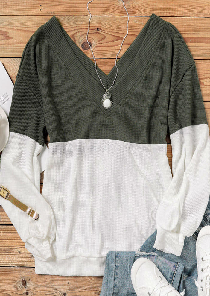 Color Block Long Sleeve Blouse - Army Green