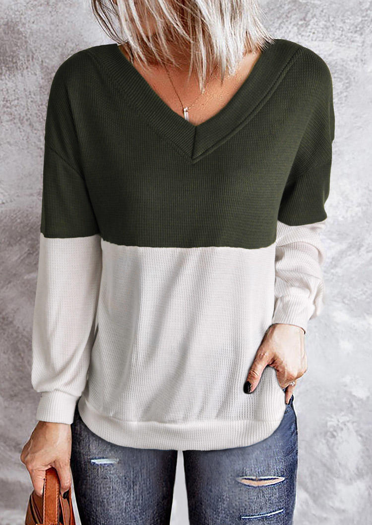 

Color Block Long Sleeve Blouse - Army Green, 515469