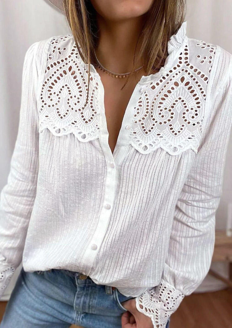 

Hollow Out Ruffled Button Long Sleeve Shirt - White, 515490