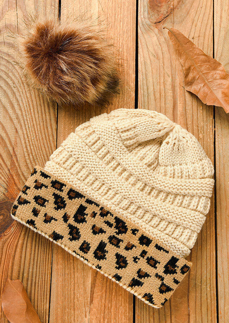 

Leopard Knitted Warm Beanie Hat, Beige, 515690