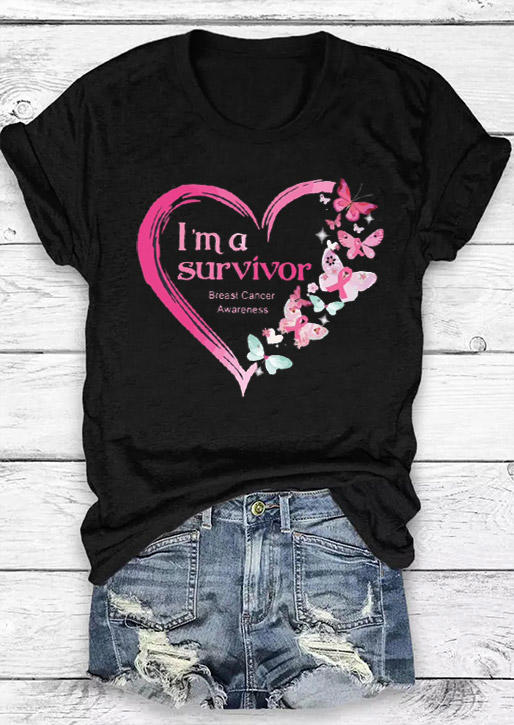 

I' A Survivor Breast Cancer Awareness Butterfly T-Shirt Tee - Black, 515907