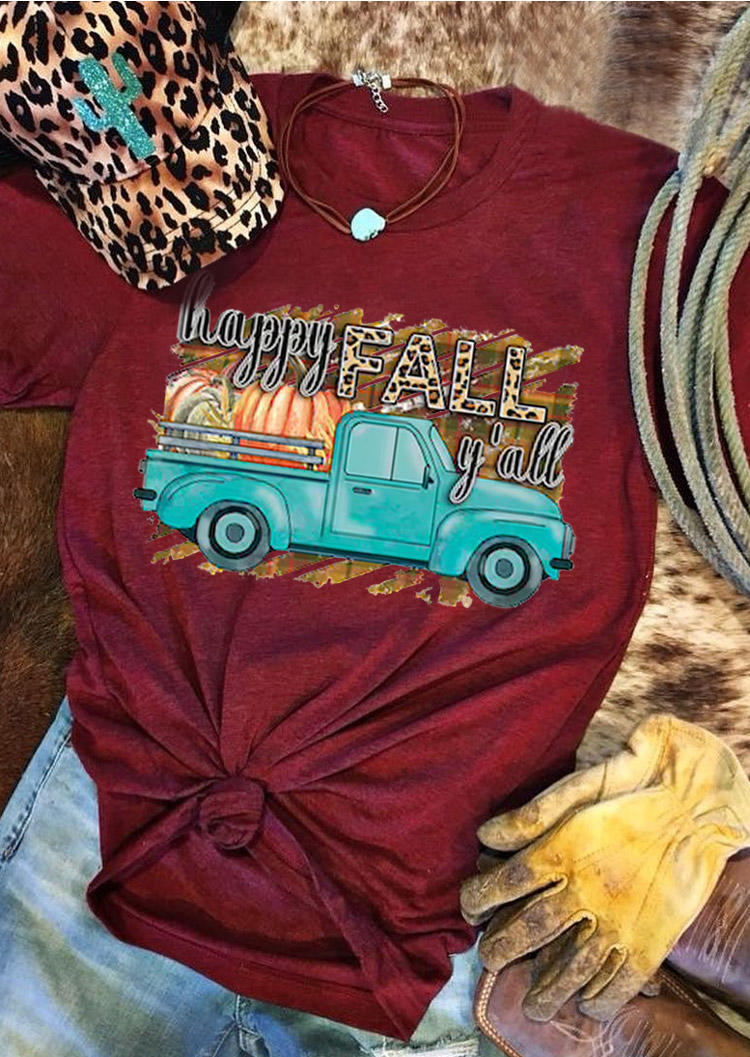 

Thanksgiving Happy Fall Leopard Pumpkin T-Shirt Tee - Burgundy, Red, 515910
