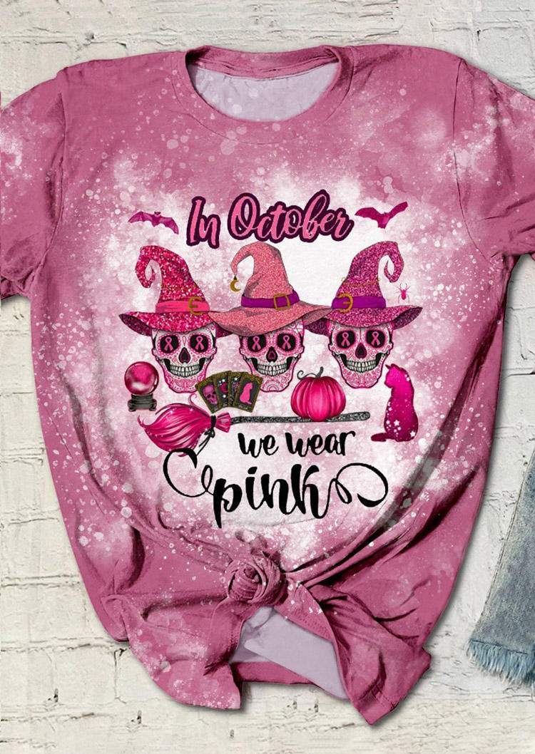 

Halloween Skull In October We Wear Pink Bleached T-Shirt Tee, 515967