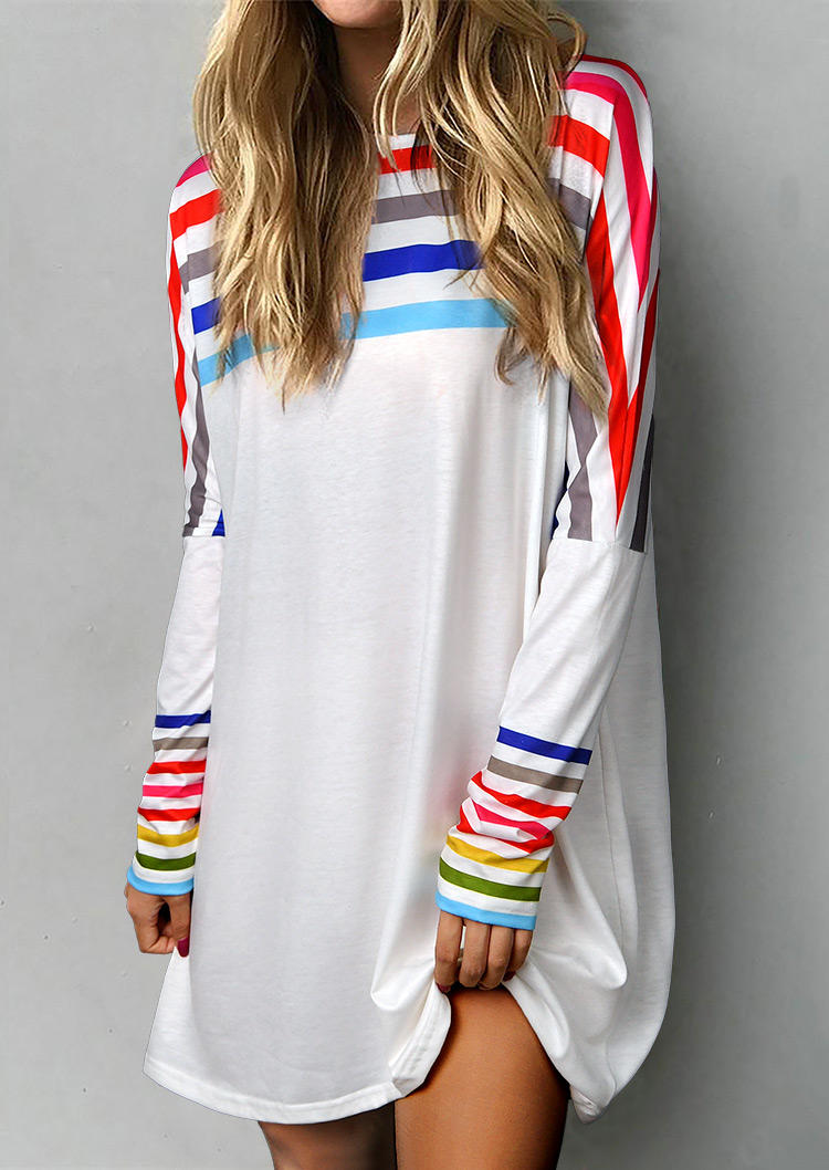 Colorful Striped Long Sleeve Mini Dress - White