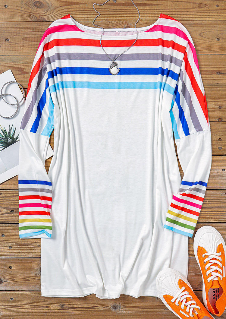 Colorful Striped Long Sleeve Mini Dress - White