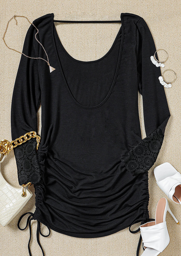 Lace Splicing Open Back Ruffled Drawstring Mini Dress - Black