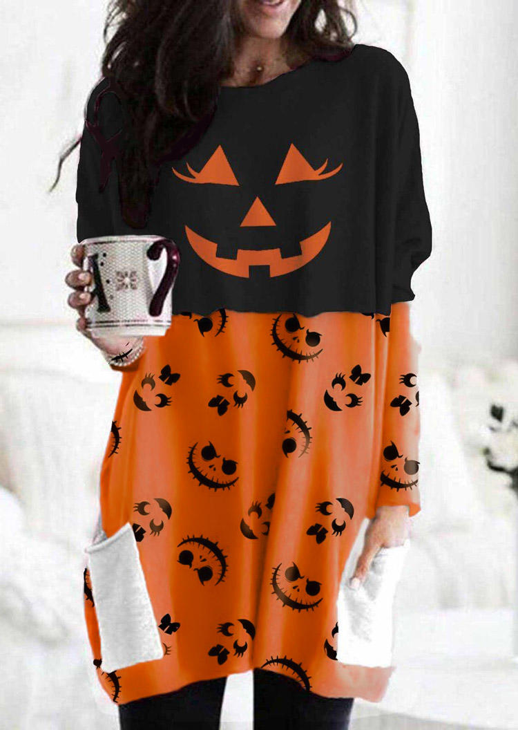 

Halloween Color Block Pumpkin Face Pocket Mini Dress, Multicolor, 515603