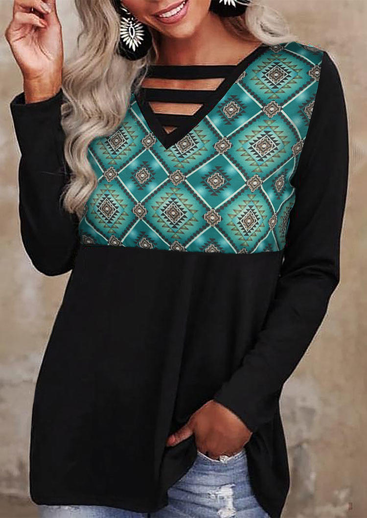 

Aztec Geometric Keyhole Neck Blouse - Black, 515723