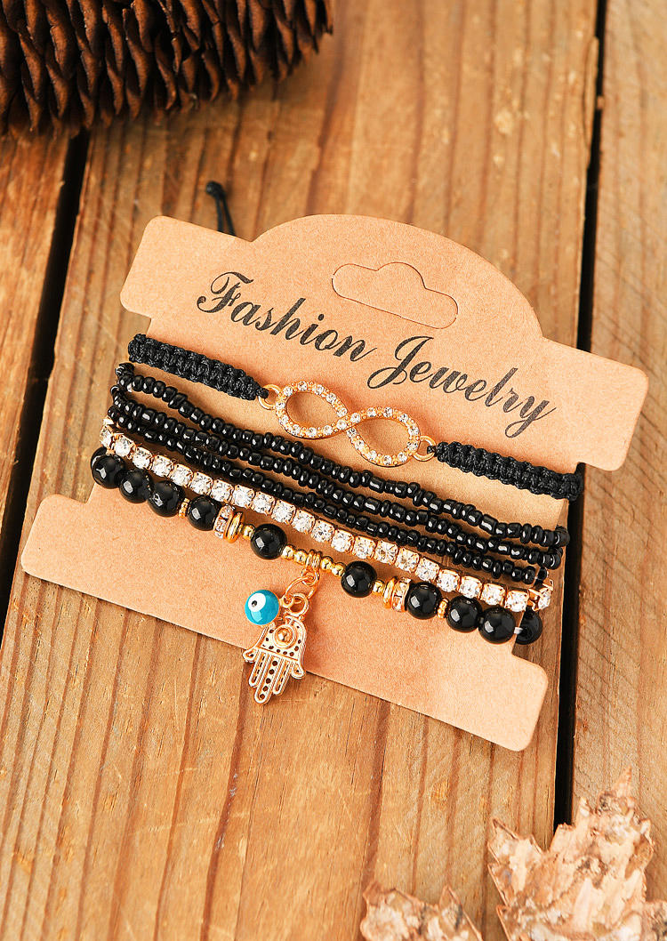 

4Pcs Colorful Beading Rhinestone Hamsa Bracelet Set, Black, 515799