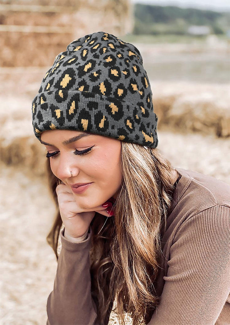

Leopard Bonnet Beanie Hat, Gray;khaki, 515838