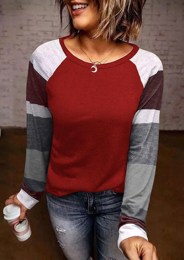 

Color Block O-Neck Long Sleeve Blouse - Burgundy, Red, 516134