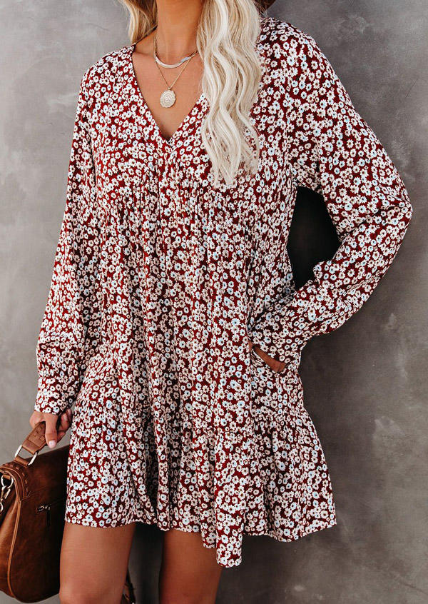 

Floral Long Sleeve V-Neck Mini Dress - Brick Red, 516139
