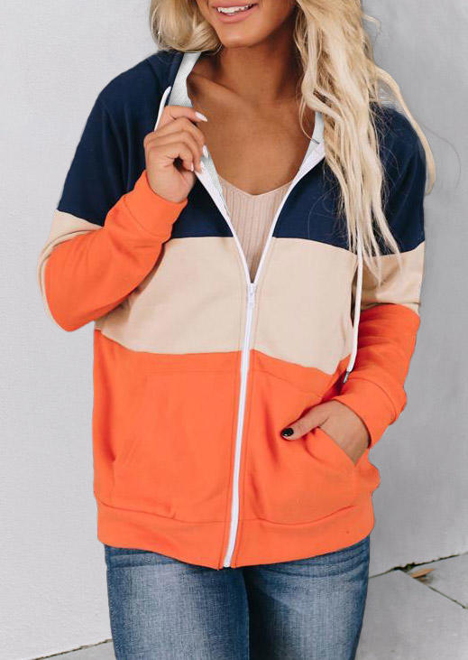 Color Block Pocket Drawstring Hooded Coat