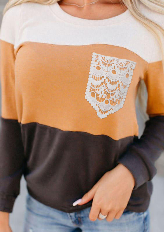 

Color Block Lace Pocket Splicing Blouse, Multicolor, 515775