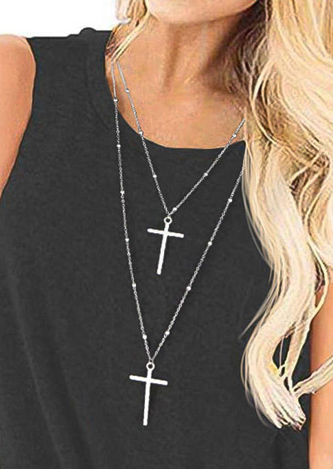 

Double-Layered Beading Cross Necklace, Silver, 515848