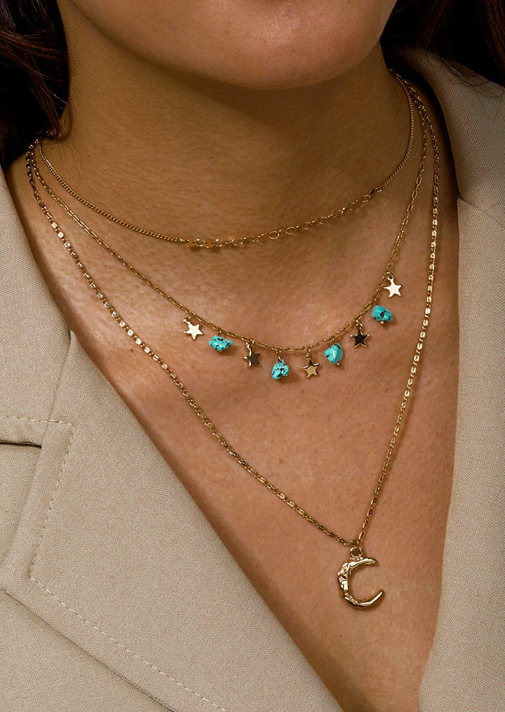 

Turquoise Star Crescent Moon Multi-Layered Necklace, Gold, 515850