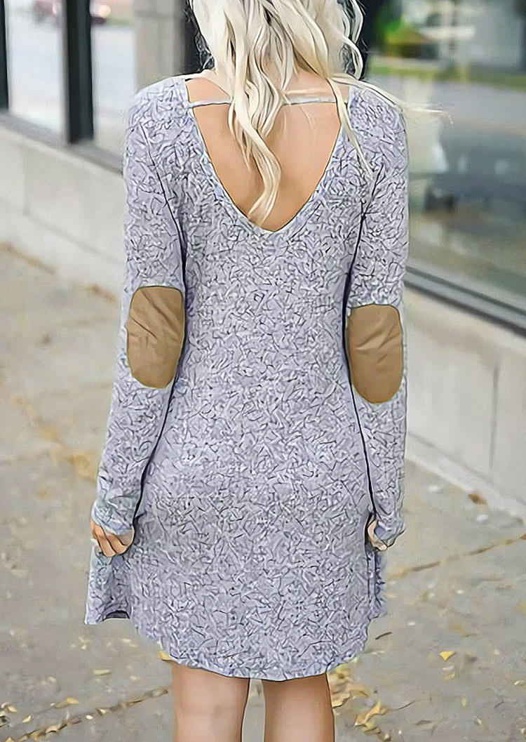 Open Back Elbow Patch Long Sleeve Mini Dress - Light Grey