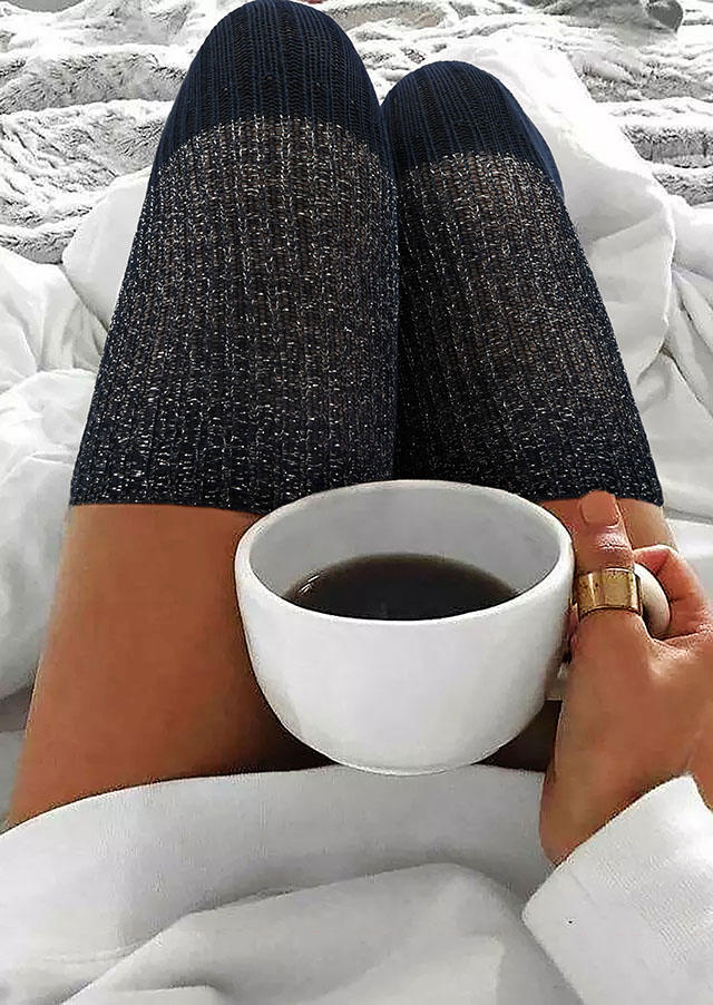 

Color Block Warm Thigh-High Crimping Socks, Black, 515972