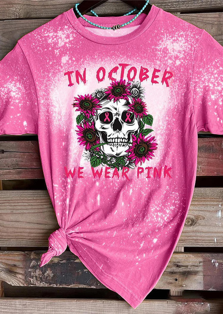 

Halloween Skull In October We Wear Pink Bleached T-Shirt Tee, 516135