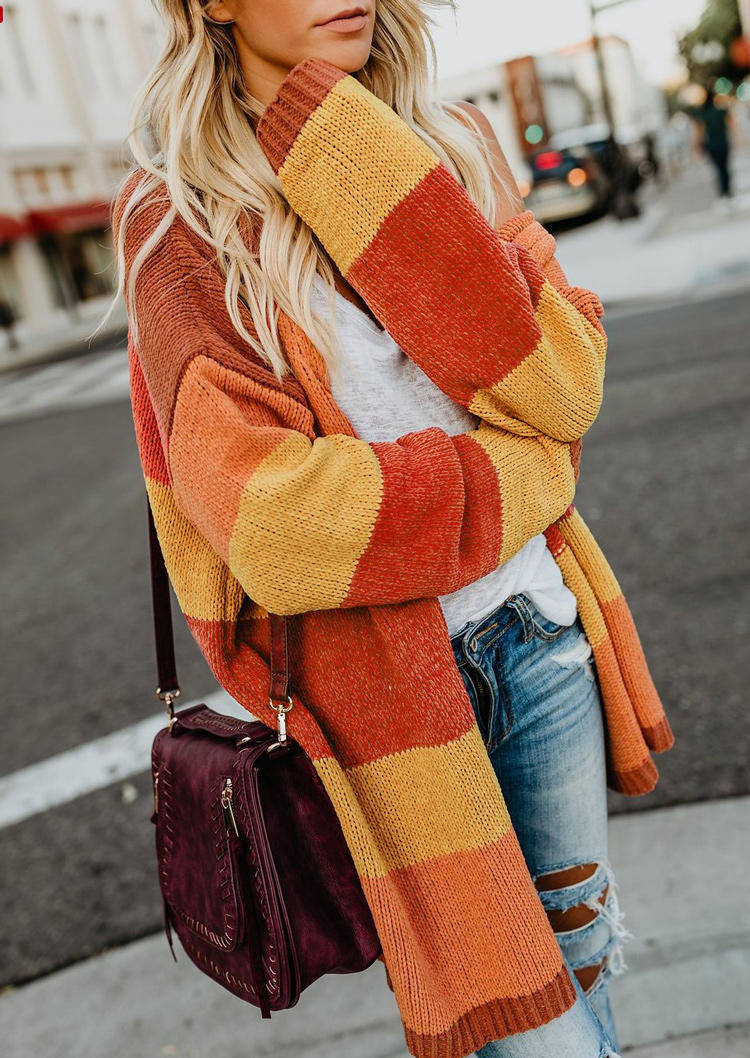 

Striped Color Block Long Sleeve Sweater Cardigan, Multicolor, 516167