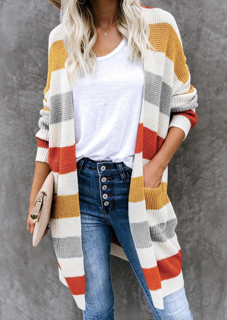

Striped Knitted Color Block Pocket Cardigan, Multicolor, 516168