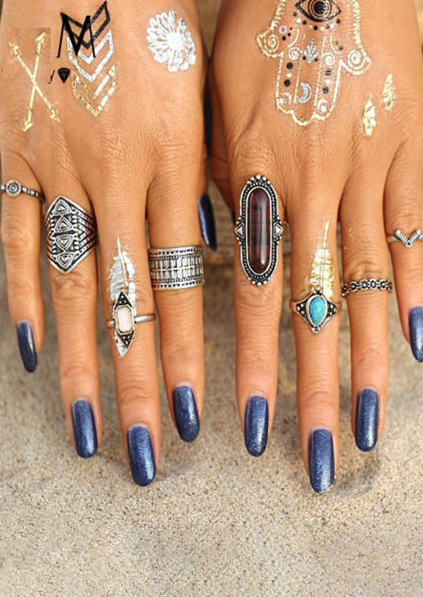 

7Pcs Vintage Turquoise Rhinestone Alloy Ring Set, Silver, 516202