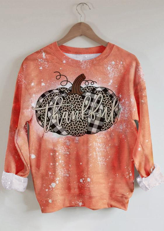 Buy Thankful Pumpkin Leopard Plaid Bleached Sweatshirt - Orange. Picture