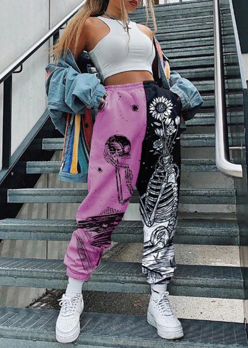 

Halloween Skeleton Sunflower Color Block Sweatpants - Black, 516237