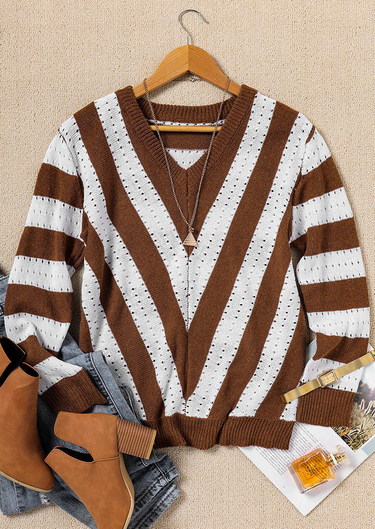 Striped Color Block Knitted Sweater - Brown