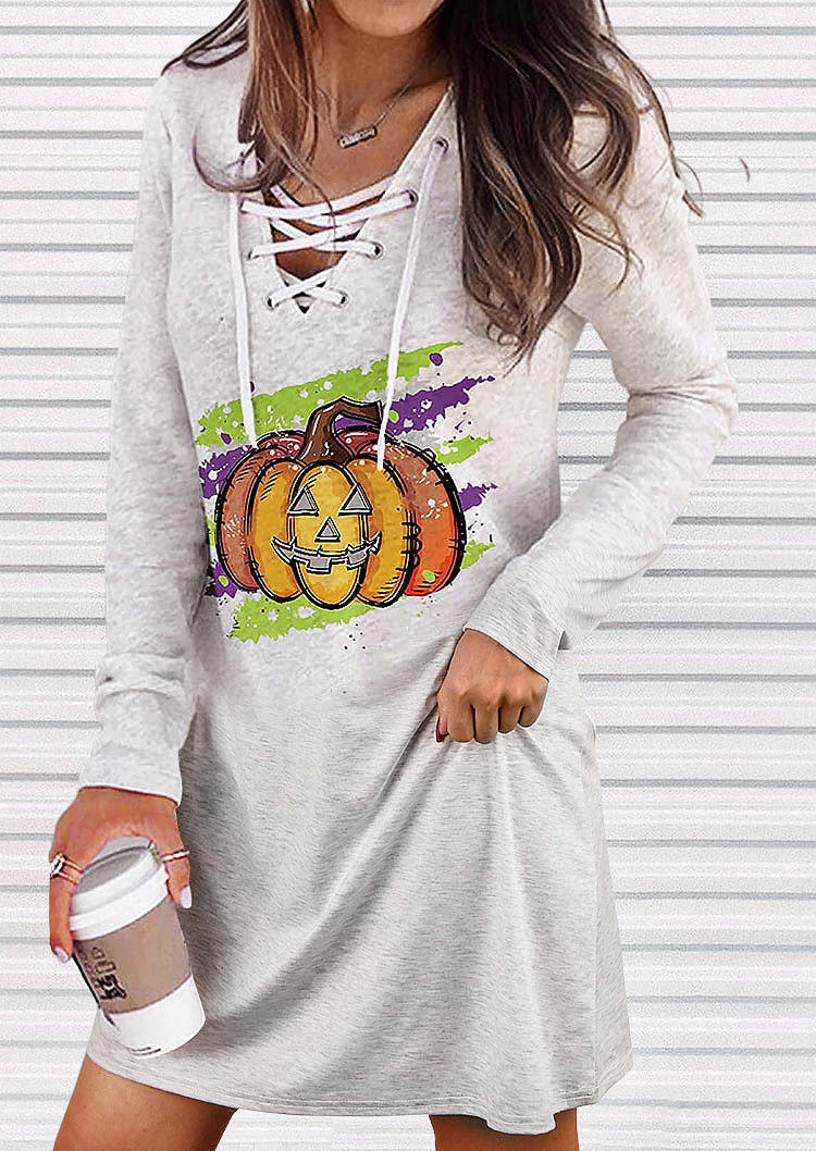 Halloween Lace Up Pumpkin Long Sleeve Mini Dress - Light Grey