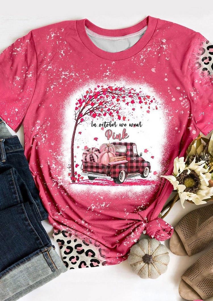 

In October We Wear Pink Pumpkin Bleached T-Shirt Tee - Rose Red, 515953