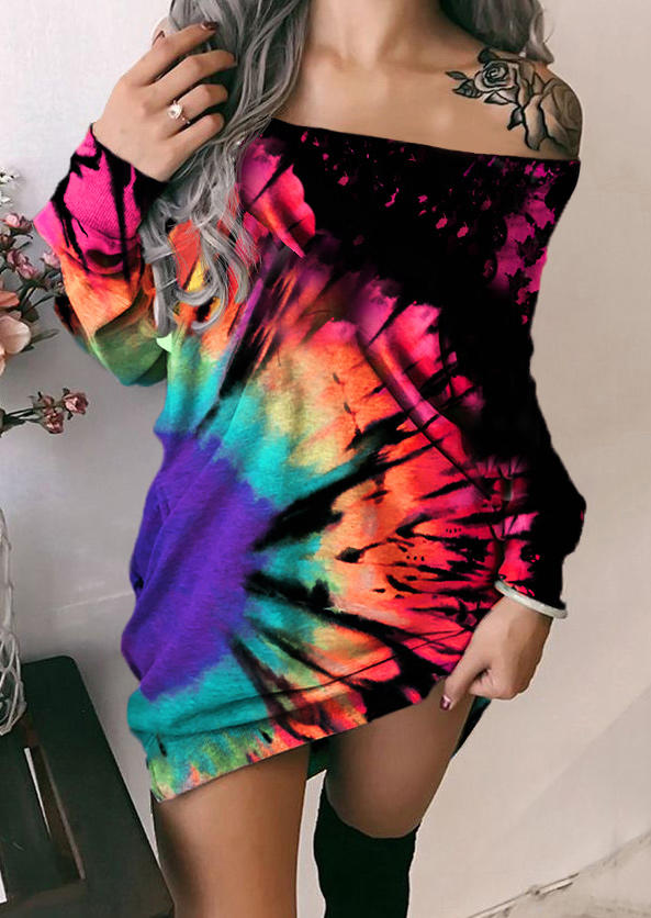 

Reverse Tie Dye Rainbow Off Shoulder Mini Dress, Multicolor, 516269