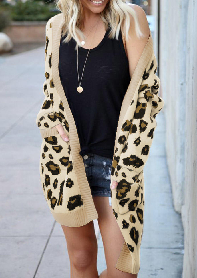 Leopard Pocket Long Sleeve Sweater Cardigan, 516330