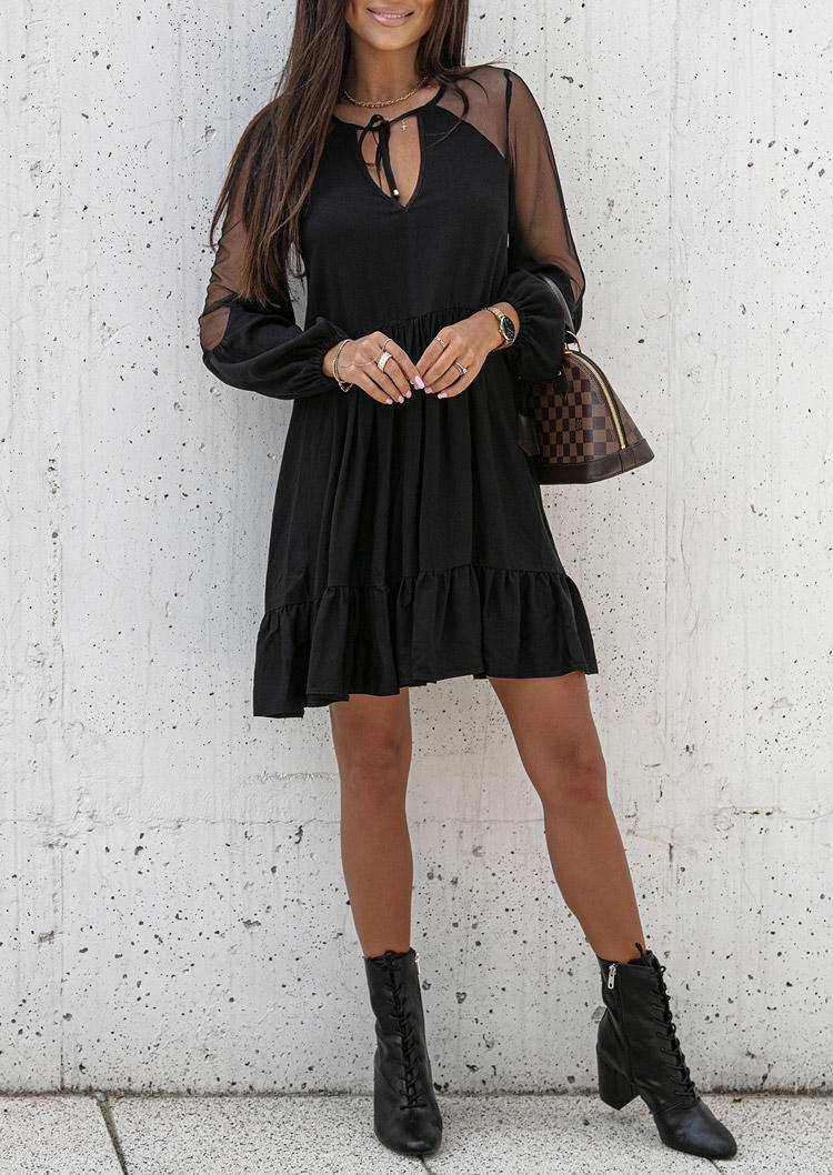 Hollow Out Ruffled Raglan Sleeve Mini Dress - Black