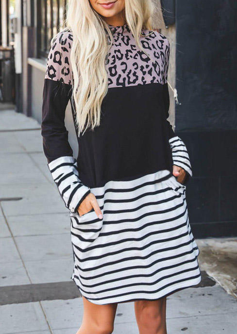 Leopard Splicing Striped Pocket Hooded Mini Dress