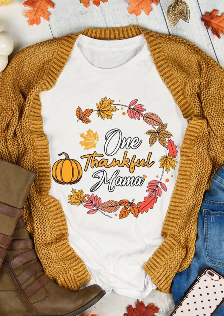 

Thanksgiving One Thankful Mama Pumpkin T-Shirt Tee - White, 516390