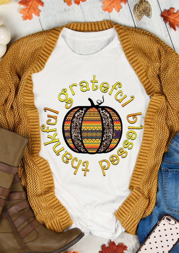 

Grateful Blessed Thankful Pumpkin T-Shirt Tee - White, 516392