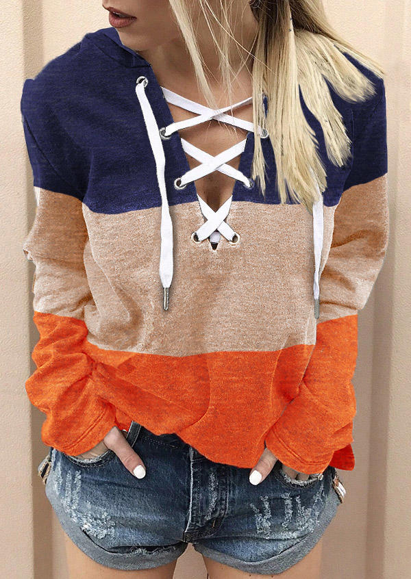 Color Block Lace Up Long Sleeve Hoodie