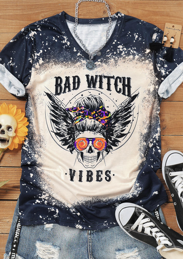 Buy Bad Witch Vibes Bleached Skull T-Shirt Tee - Gray. Picture