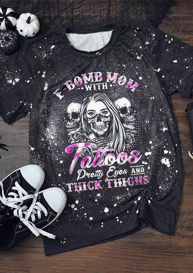 

Halloween F-Bomb Mom Tattoos Bleached T-Shirt Tee - Black, 515961