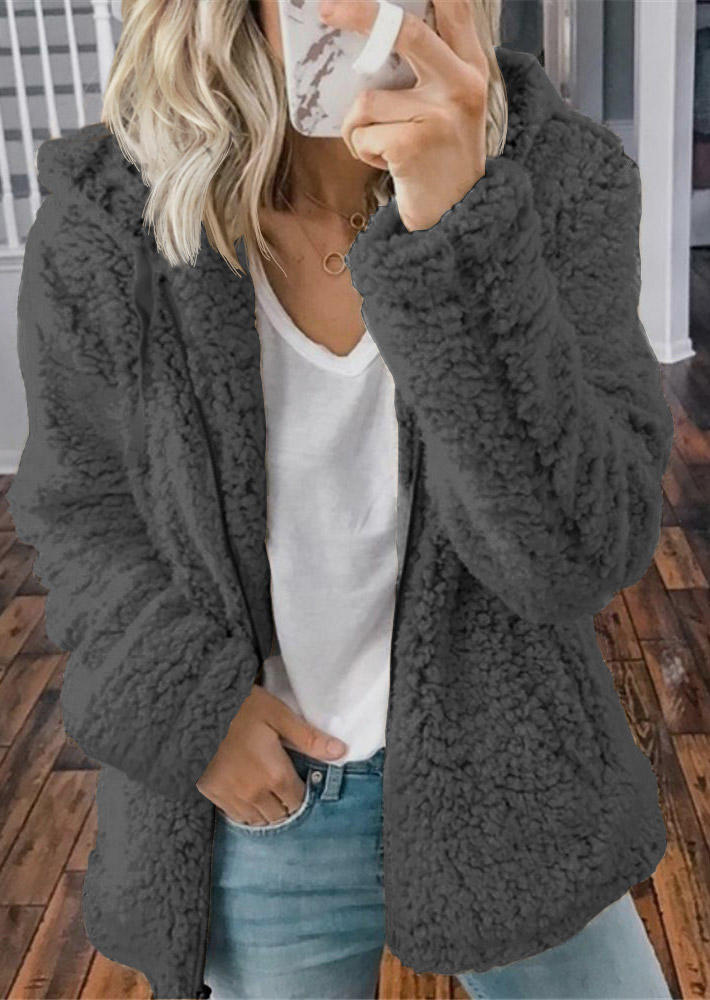 

Fuzzy Zipper Pocket Long Sleeve Hooded Coat - Gray, 515990