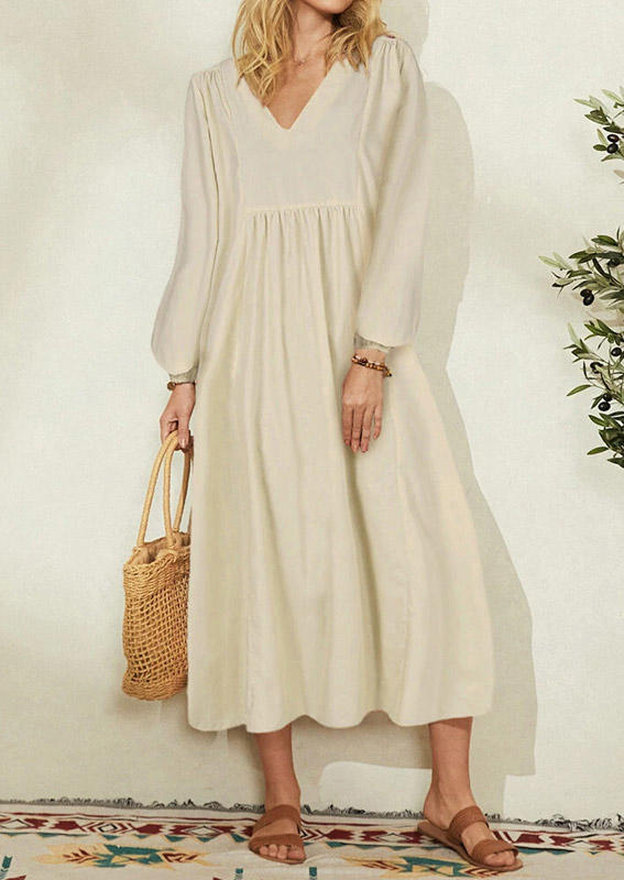 

Ruffled V-Neck Long Sleeve Maxi Dress - Light Khaki, 516003