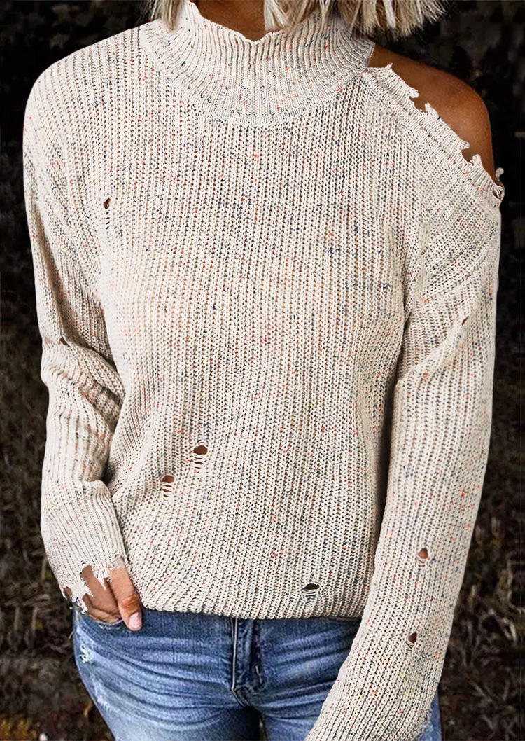 

One Sided Cold Shoulder Ripped Hole Sweater - Beige, 516029