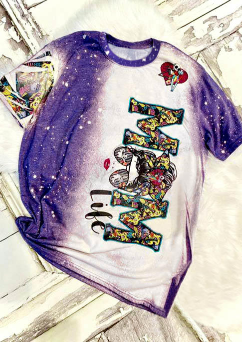 

Mom Life Lips Glasses Skeleton Bleached T-Shirt Tee - Purple, 516170