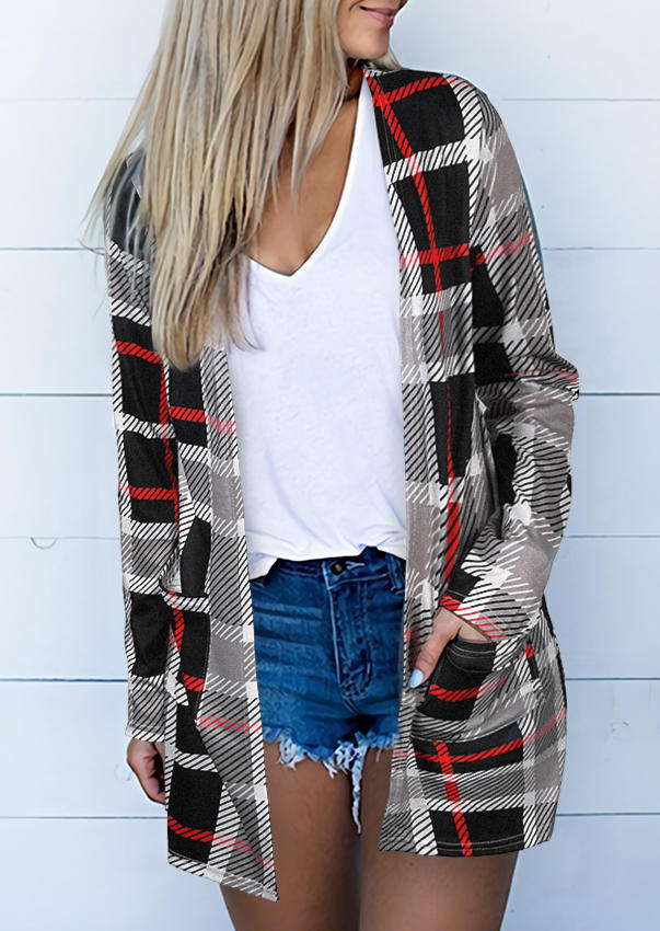 

Plaid Pocket Long Sleeve Casual Cardigan, Multicolor, 516185
