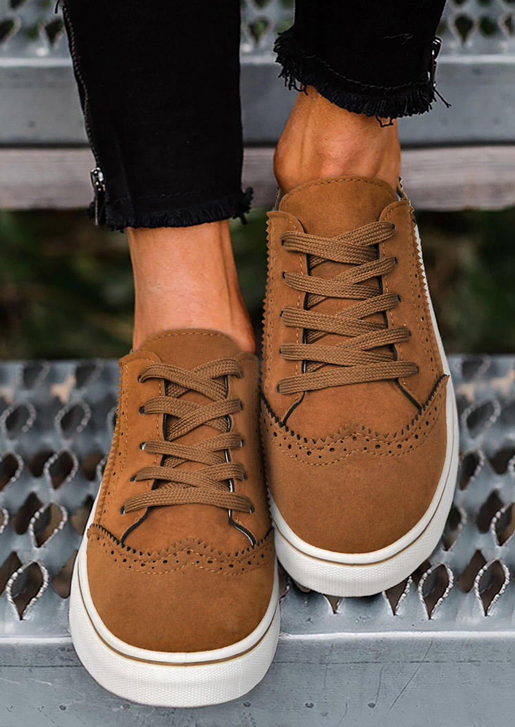 

Perforated Lace Up Round Toe Flat Sneakers - Brown, 516204
