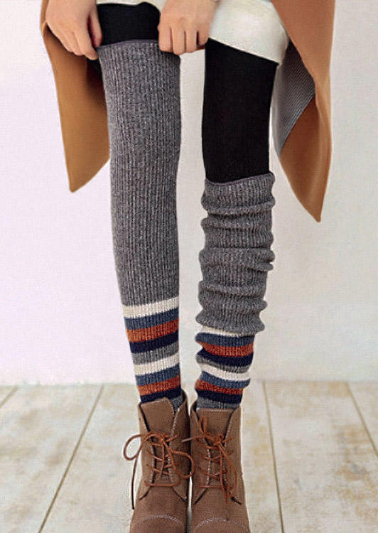

Colorful Striped Splicing Thigh-High Crimping Socks, Gray, 516249