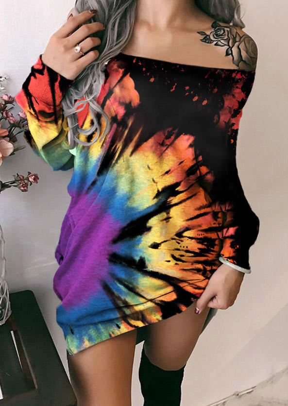 Reverse Tie Dye Rainbow Off Shoulder Mini Dress