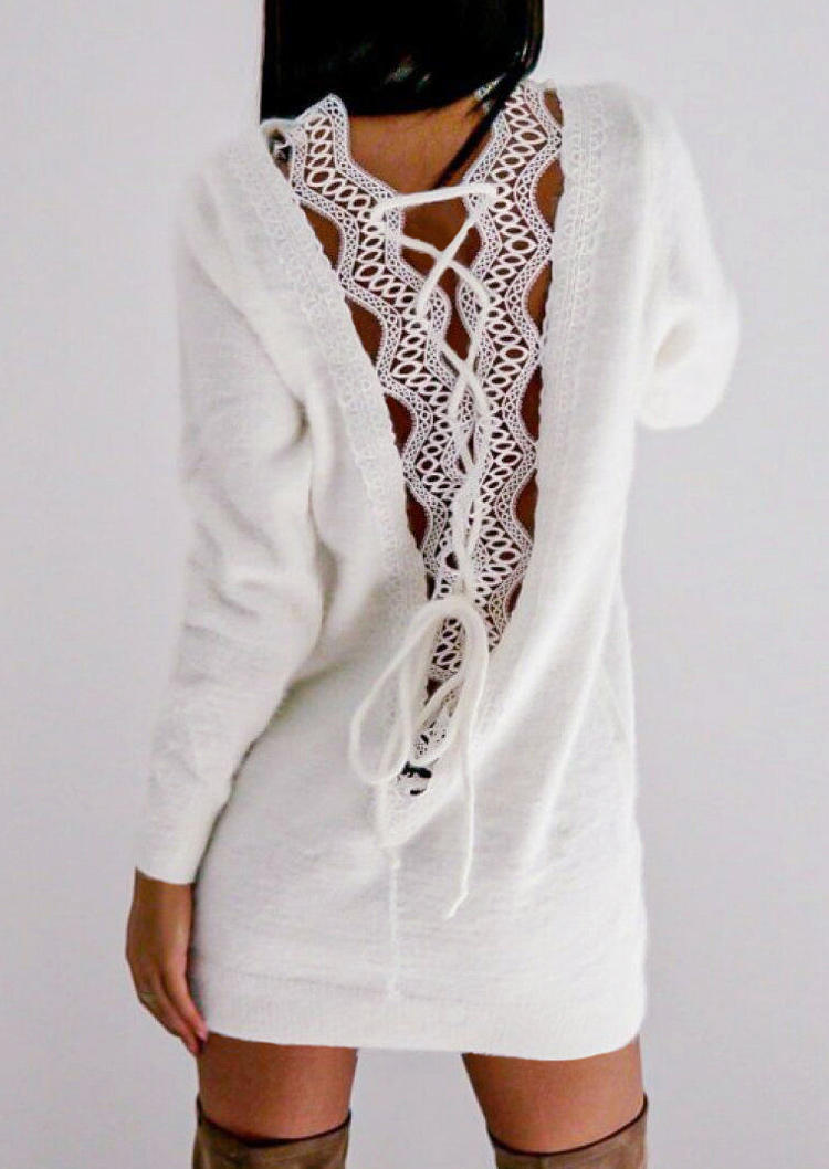 

Lace Hollow Out Tie Long Sleeve Mini Dress - White, 516290